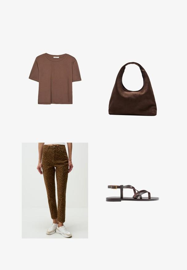 Braunes, kurzärmliges T-Shirt aus weichem Material mit rundem Halsausschnitt und lockerer Passform. Keine sichtbaren Muster oder Akzente.; Leopardenmuster-Braunhose mit hoher Taille, fünf Taschen und geradem Bein, kombiniert mit weißen Sneakers.; Braune Leder-Sandale mit überkreuzten Riemen, einem Knöchelriemen mit Schnalle und einer flachen Sohle mit minimalen Nähdetails.; Weiche braune Hobo-Stil Handtasche mit einem einzigen breiten Trageriemen und einer geschwungenen Oberteilöffnung, auf einem weißen Hintergrund präsentiert.