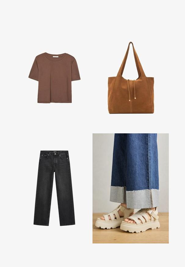 Maglietta a maniche corte marrone realizzata in tessuto morbido, con scollatura rotonda e vestibilità rilassata. Nessun motivo o dettaglio visibile.; Jeans a gamba larga in denim grigio scuro. Presentano cinque tasche, chiusura con bottone e lievi segni di usura lungo le cosce. Design classico.; Sandali platform beige con suole spesse presentano un design a cinturini e fettucce regolabili alla caviglia. Indossati con pantaloni in denim a gamba larga, un'orlo è sfilacciato.; Borsa a tracolla in suede marrone con due lunghe cinghie, chiusura con cordoncino e design minimalista. Texture liscia e senza elementi hardware visibili.; Pendente a forma di goccia marrone su una sottile corda d'argento, con un pezzo di accento rotondo e decorato sopra il pendente. Texture liscia, design minimalista.