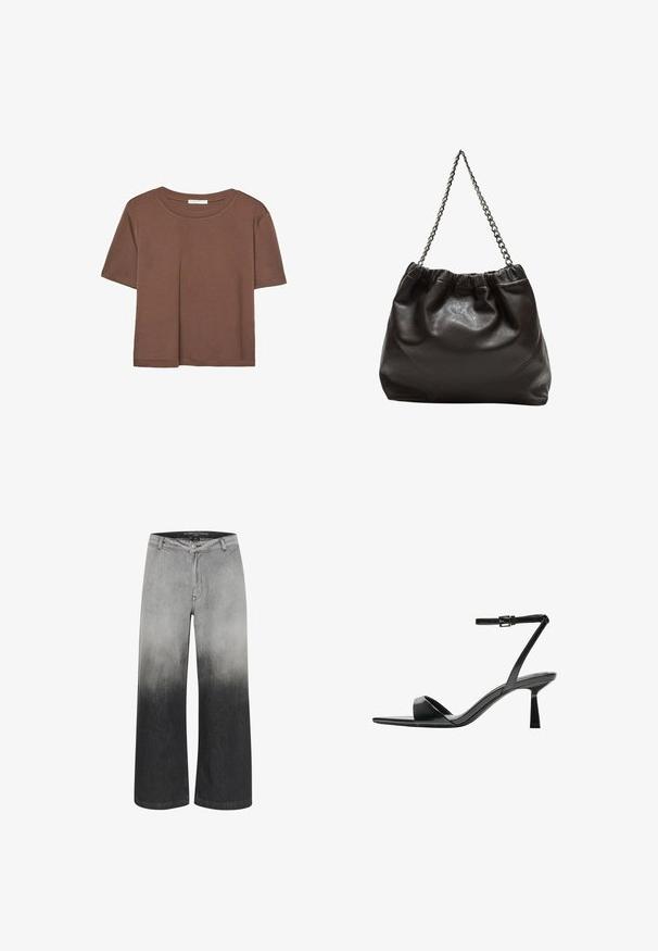 Rjava kratka majica s kratkimi rokavi iz mehkega materiala, s krožnim izrezom in ohlapnim krojem. Brez vidnih vzorcev ali dodatkov.; Široke kavbojke v graduaciji sive, ki prehaja od svetle do temne. Narejene iz denima, z gumbnim zapiranjem in tradicionalnim 5-žepnim dizajnom.; Bershka Sandali z visoko peto - black; Rjava usnjena torba z nabranim vrhom in verižnim trakom. Gladka tekstura z sijajno površino in subtilnimi šivi na straneh.