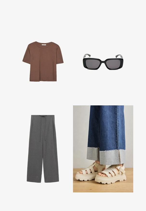 Hnedé tričko s krátkym rukávom vyrobené z jemného materiálu, s okrúhlym výstrihom a voľným strihom. Žiadne viditeľné vzory ani akcenty.; Sivé široké nohavice s vertikálnymi prúžkami, so šnurovaním v páse a manžetami na lemoch, vyrobené z mäkkej, textúrovanej tkaniny.; Béžové platformové sandále s hrubými podrážkami majú pruhovaný dizajn a nastaviteľné popruhy okolo členka. Nosené sú s džínsovými nohavicami s širokými nohavicami, pri ktorých je jeden lem rozstrapkaný.; Čierne obdĺžnikové slnečné okuliare s tmavými sklami, hladkým plastovým rámom a zakrivenými stranami. Dizajn je robustný s minimalistickou estetikou.