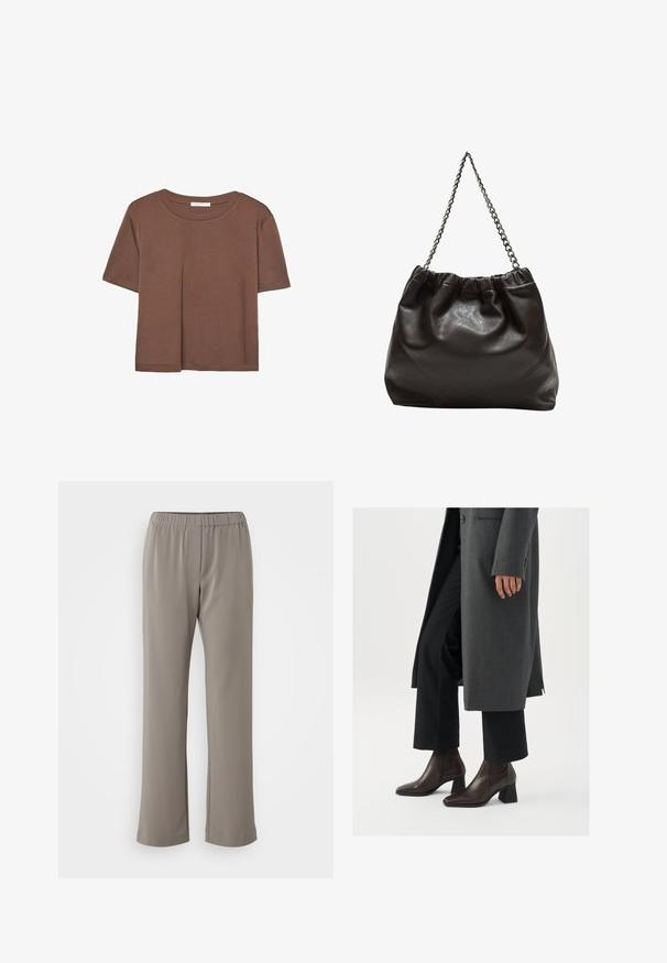 Brązowa koszulka z krótkim rękawem, wykonana z miękkiego materiału, z okrągłym dekoltem i luźnym krojem. Brak widocznych wzorów lub akcentów.; Jasnoszare spodnie z elastycznym paskiem, proste nogawki, gładka tekstura i bez widocznych wzorów czy detali metalowych.; Czółenka na wysokim obcasie w ciemnobrązowej skórze z wąskim noskiem i słupkowym obcasem, zestawione z czarnymi spodniami i szarym płaszczem.; Brązowa skórzana torba z marszczonym szczytem i łańcuszkowym paskiem. Gładka tekstura z błyszczącym wykończeniem i subtelnymi detalami szwów po bokach.