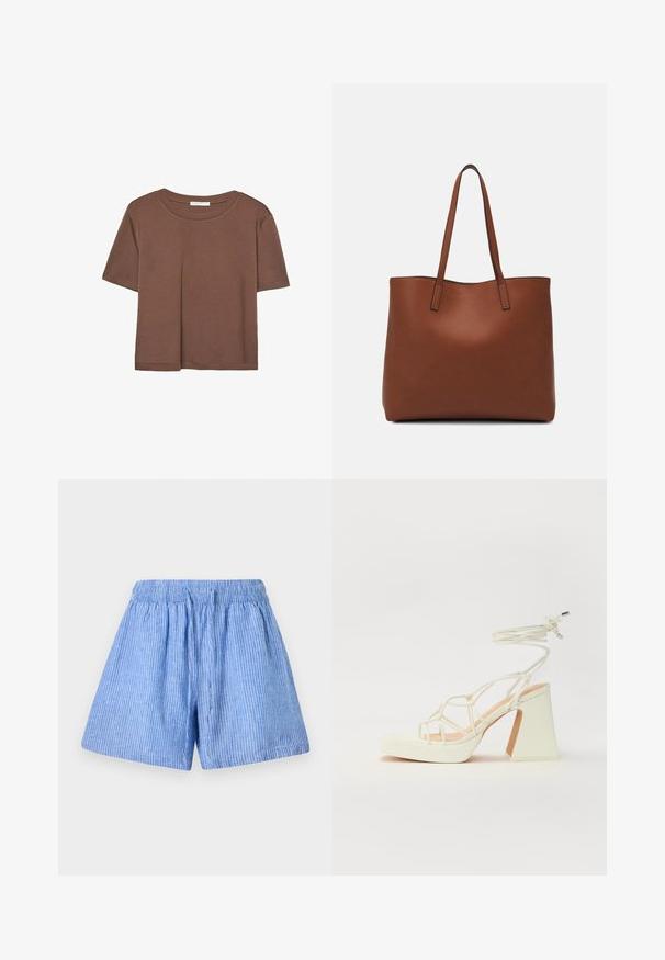 Hnedé tričko s krátkym rukávom vyrobené z jemného materiálu, s okrúhlym výstrihom a voľným strihom. Žiadne viditeľné vzory ani akcenty.; Svetlo modré šortky z bavlny s vertikálnymi bielymi pruhmi. Majú elastický pás a voľný, uvoľnený strih.; Biele sandále na vysokom opätku s hrubým podpätkom, s pruhovaným dizajnom a viazaním na členku. Hladký povrch s platformou vpredu pre zvýšenú výšku.; Hnedá kožená taška na rameno s hladkou textúrou, otvoreným vrchom a dvoma ramenými popruhmi. Má minimálne šitia a žiadne viditeľné kovania.