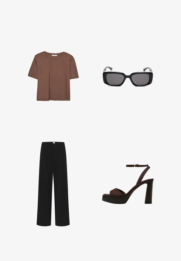 Hnědé tričko s krátkým rukávem vyrobené z měkké látky, s kulatým výstřihem a volným střihem. Bez viditelných vzorů nebo dekorací.; Černé široké kalhoty s vysokým pasem, záhyby a hladkou texturou. Minimalistický design bez viditelných vzorů nebo kovových prvků.; Hnědé semišové sandály na vysokém podpatku s otevřenou špičkou, nastavitelným páskem kolem kotníku a proužkovou platformou.; Černé obdélníkové sluneční brýle s tmavými skly, hladkým plastovým rámem a zakřivenými stranicemi. Design je robustní s minimalistickou estetikou.