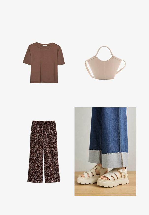 T-shirt marron à manches courtes en tissu doux, avec un col rond et une coupe décontractée. Aucun motif ni accent visible.; Pantalons à imprimé léopard en tissu doux et léger. Présentent un design à jambes larges avec une taille élastique et un cordon de serrage ajustable pour le confort.; Des sandales à plateforme beiges avec de épais semelles présentent un design à lanières et des sangles de cheville réglables. Portées avec un pantalon en denim à jambes larges, un ourlet est effiloché.; Sac à main en cuir beige avec une forme unique, doté de deux poignées courtes et d'une longue sangle réglable. Texture lisse avec un minimum de matériel.