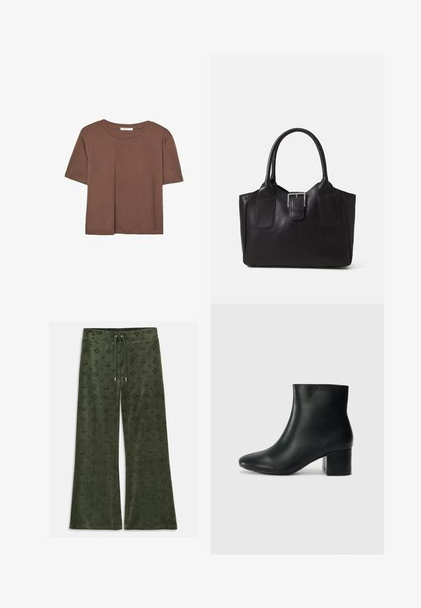 Rjava kratka majica s kratkimi rokavi iz mehkega materiala, s krožnim izrezom in ohlapnim krojem. Brez vidnih vzorcev ali dodatkov.; Zelene velur hlače s širšim krojem, ki vsebujejo celoviti vzorec, vključno s kronami, češnjami, srčki in logotipom, pas z vrvico.; Črne usnjene gležnjarje s koničastim nosom in debelim peto. Gladka tekstura z minimalnimi detajli in eleganten, prilegajoč dizajn.; Črna usnjena torba s gladko teksturo, strukturirano obliko, dvema ročkama in izrazitim srebrnim sponko na sprednji strani.
