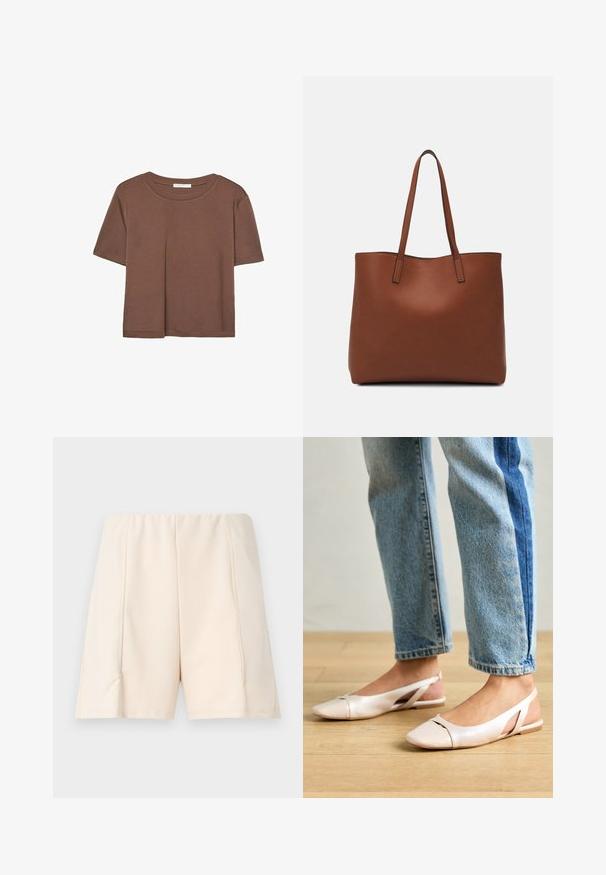 Hnědé tričko s krátkým rukávem vyrobené z měkké látky, s kulatým výstřihem a volným střihem. Bez viditelných vzorů nebo dekorací.; Světle béžové šortky s hladkým povrchem, elastickým pasem a bočními švy. Jednoduchý design bez viditelných vzorů nebo akcentů.; Světle růžové slingback baleríny s špičatou špičkou, vyrobené z hladkého koženému materiálu. Obsahují vystřihovací detaily po stranách a plochý podpatek.; Hnědá kožená taška přes rameno s hladkou texturou, otevřeným designem a dvěma ramenními popruhy. Obsahuje minimální švy a žádné viditelné kovové prvky.