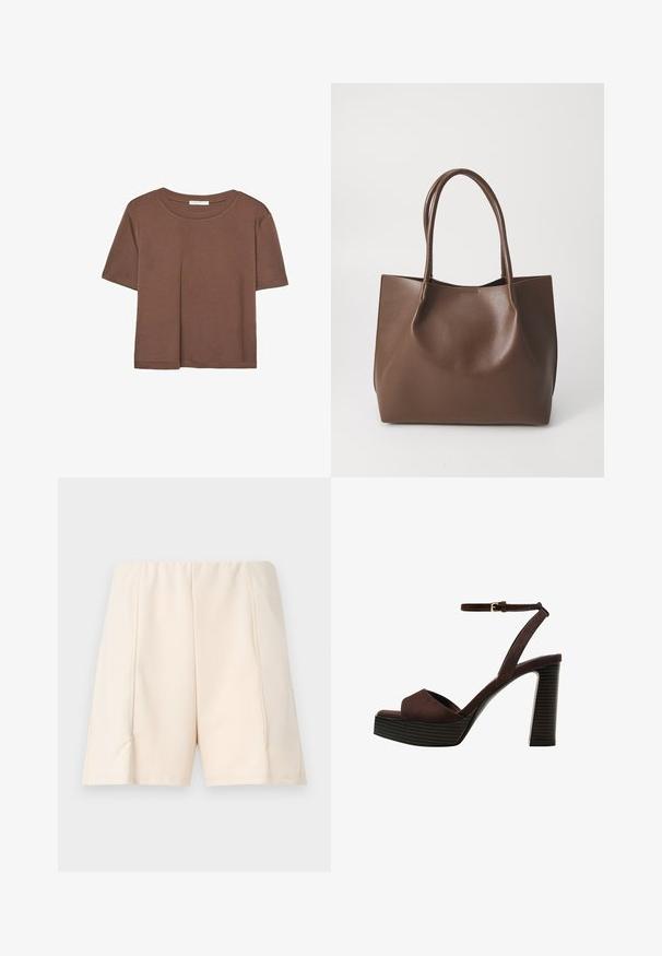 T-shirt marron à manches courtes en tissu doux, avec un col rond et une coupe décontractée. Aucun motif ni accent visible.; Shorts beige clair avec une texture lisse, taille élastique et coutures latérales. Design simple sans motifs ni accents visibles.; Sandale à talons hauts en suede marron avec un bout ouvert, une bride de cheville réglable et une semelle de plateforme rayée.; Sac en cuir marron avec deux longues poignées, forme structurée, texture lisse et design minimaliste. Aucun matériel ni accent visible.