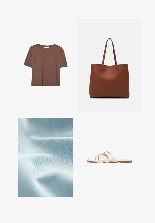 Brązowa koszulka z krótkim rękawem, wykonana z miękkiego materiału, z okrągłym dekoltem i luźnym krojem. Brak widocznych wzorów lub akcentów.; Jasnoniebieska tkanina o gładkiej strukturze i delikatnym diagonalnym splocie, ukazująca miękkie fałdy i subtelne różnice w odcieniu.; Płaskie sandały z brązową gumową podeszwą, zaprojektowane z trzema nakładającymi się na siebie białymi skórzanymi paskami i małym detalem w postaci kokardy na środku.; Brązowa skórzana torba tote o gładkiej fakturze, z otwartym wierzchem i dwoma ramiączkami. Charakteryzuje się minimalnym przeszyciem i brakiem widocznych elementów metalowych.
