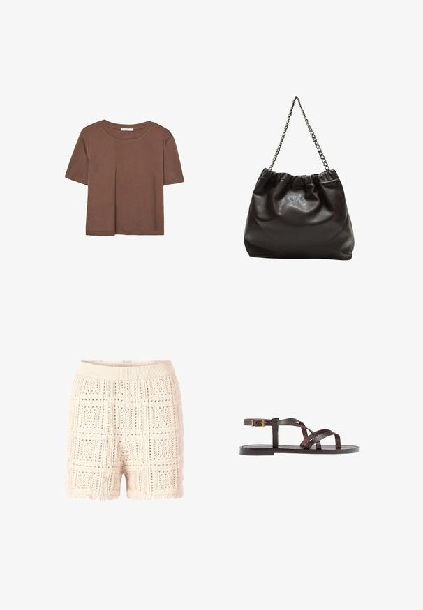 Maglietta a maniche corte marrone realizzata in tessuto morbido, con scollatura rotonda e vestibilità rilassata. Nessun motivo o dettaglio visibile.; Pantaloni corti in maglia color beige chiaro con un motivo a rete testurizzato. Presentano una vita a coste e un orlo ondulato per un tocco di dettaglio.; Sandal in pelle marrone con cinturini incrociati, chiusura con cinturino alla caviglia e suola piatta con dettagli di cucitura minimi.; Borsa in pelle marrone con parte superiore arricciata e tracolla a catena. Texture liscia con finitura lucida e dettagli di cucitura sottili sui lati.