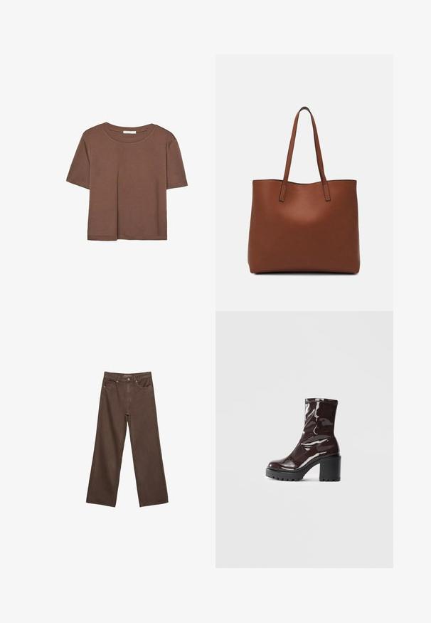 Braunes, kurzärmliges T-Shirt aus weichem Material mit rundem Halsausschnitt und lockerer Passform. Keine sichtbaren Muster oder Akzente.; Weite braune Jeans aus Denim, mit hoher Taille, Fronttaschen und klassischem Knopfverschluss. Glatte Textur mit feinen Nähten.; Glatte bordeauxrote Ankle Boots mit einem klobigen schwarzen Absatz, die eine glatte Oberfläche und ein einfaches Design aufweisen. Keine sichtbaren Verschlüsse oder Muster.; Braune Leder-Tote mit glatter Textur, offenem Oberteil und zwei Schulterriemen. Verfügt über minimale Nähte und keine sichtbaren Beschläge.