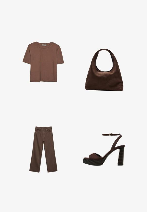 Maglietta a maniche corte marrone realizzata in tessuto morbido, con scollatura rotonda e vestibilità rilassata. Nessun motivo o dettaglio visibile.; Jeans a gamba larga marroni in denim, con vita alta, tasche anteriori e chiusura a bottone classica. Tessuto liscio con cuciture sottili.; Sandal in camoscio marrone con tacco alto, punta aperta, cinturino alla caviglia regolabile e suola a piattaforma striata.; Borsa hobo di un morbido marrone con una sola tracolla larga e un'apertura a manico curvo, esposta su uno sfondo bianco.