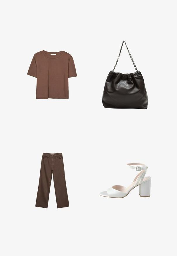 Brun kortærmet t-shirt lavet af blødt stof, med rund halsudskæring og afslappet pasform. Ingen synlige mønstre eller detaljer.; Bredde ben brun denim jeans med høj talje, forlommer og klassisk knaplukning. Glat tekstur med diskret syninger.; Hvide højhælede sandaler med en glat satin-overdel, bred blokhæl og ankelrem med en lille spænde. Glat i tekstur, minimalistisk design.; Brun lædertaske med en rynket top og en kædestrop. Glat tekstur med en blank finish og subtile sømdetaljer på siderne.