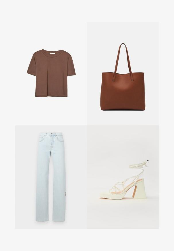 Smeđi kratki rukav majica od mekog materijala, s okruglim izrezom i opuštenim krojem. Nema vidljivih uzoraka ili naglasaka.; Svijetloplave traperice ravnog kroja izrađene od denima, s pet džepova, zatvaranjem na dugme i patentni zatvarač te kontrastnim šavovima.; Bijela sandala na visokoj potpetici s debelim petom, s remenom i vezanjem oko gležnja. Glatka tekstura s platformom sprijeda za dodatnu visinu.; Smeđa kožna torba preko ramena s glatkom teksturom, otvorenim vrhom i dvjema naramenicama. Ima minimalne šavove i nema vidljivog hardvera.