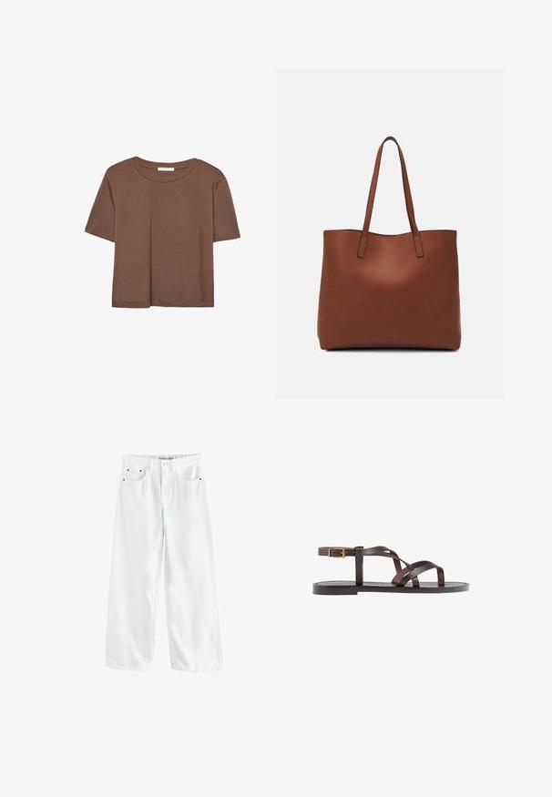 Brun kortärmad t-shirt i mjukt tyg, med rund halsringning och avslappnad passform. Inga synliga mönster eller detaljer.; Vita denimbyxor med vida ben har hög midja, två främre fickor och subtila guldfärgade detaljer. Mjuk textur, avslappnad design.; Bruna lädersandaler med korsade remmar, spänne runt vristen och en platt sula med minimala sömnadsdetaljer.; Brun läder tote-väska med en slät textur, öppen toppdesign och två axelremmar. Har minimal söm och ingen synlig metalldetalj.