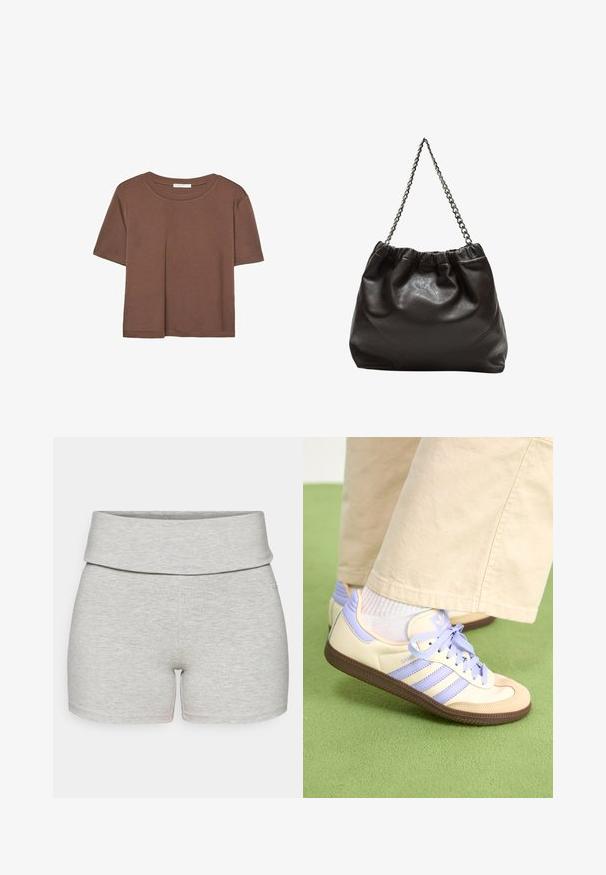 Brown short-sleeve t-shirt made of soft fabric, with a round neckline and relaxed fit. No visible patterns or accents.; Light grey cotton shorts with a wide, folded waistband. Smooth texture, fitted shape, and no visible pockets or additional details.; Cream and lavender sneakers with three stripes and a textured brown sole, featuring laces and a padded heel. Soft fabric upper.; Brown leather bag with a gathered top and a chain strap. Smooth texture with a glossy finish and subtle seam detailing on the sides.