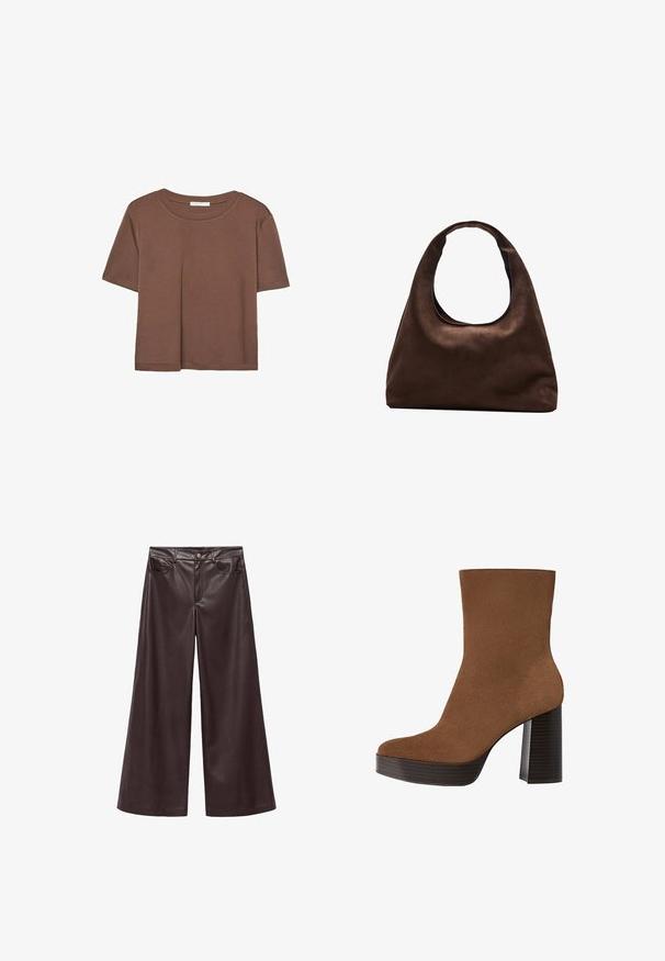 Korte mouwen T-shirt in bruin, gemaakt van een zachte stof, met een ronde halslijn en een relaxte pasvorm. Geen zichtbare patronen of accenten.; Bruine neplederen wijde broek met hoge taille, voorzien van voorzakken en een klassieke knoopsluiting. Zachte textuur en matte afwerking.; Bruine suede enkellaars met een ronde neus, chunky zwarte gestreepte hak en een glad oppervlak. Heeft een fitted ontwerp zonder zichtbare hardware.; Zachte bruine hobo-stijl handtas met een enkele brede schouderband en een gebogen opening aan de bovenkant, weergegeven op een witte achtergrond.