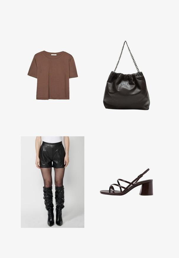 Hnedé tričko s krátkym rukávom vyrobené z jemného materiálu, s okrúhlym výstrihom a voľným strihom. Žiadne viditeľné vzory ani akcenty.; Koroshi Šortky - black; Hnedé sandále na vysokom opätku s hrubým opätkom, s hladkým a lesklým povrchom a viacerými krížovými pásikmi na hornej časti.; Hnedá kožená taška so zberaným vrchom a reťazovým popruhom. Hladký povrch s lesklým finišom a jemným švom po stranách.
