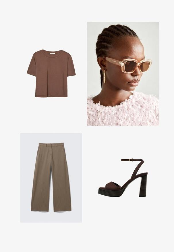 Smeđi kratki rukav majica od mekog materijala, s okruglim izrezom i opuštenim krojem. Nema vidljivih uzoraka ili naglasaka.; Smeđe široke hlače s prugicama, glatke teksture i klasičnog dizajna, s pojasom i prednjim nabora za prilagođen fit.; Smeđe zamšaste sandale s visokim potpeticama, otvorenim prstima, podesivom trakicom oko gležnja i prugastom platformom.; Bež velike sunčane naočale s prozirnim okvirom i smeškim obojenim staklima, koje sadrže suptilne cvjetne akcenti i hrabri, geometrijski dizajn.; Maslinasto zelena kožna torba s prednjim preklopom, podesivim remenom i detaljima od srebra, prikazana na modelu koji nosi pleteni top.