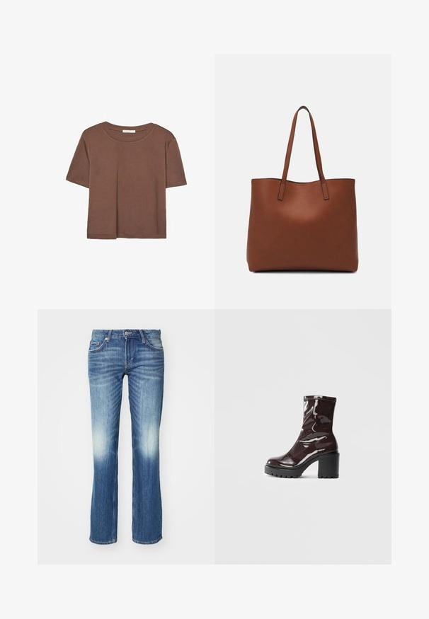 Maglietta a maniche corte marrone realizzata in tessuto morbido, con scollatura rotonda e vestibilità rilassata. Nessun motivo o dettaglio visibile.; Weekday ARROW LOW - Jeans a sigaretta - mine blue; Stivale alla caviglia bordeaux lucido con un tacco spesso nero, caratterizzato da una superficie liscia e un design semplice. Nessuna chiusura visibile o motivo.; Borsa tote in pelle marrone con texture liscia, design con apertura superiore e due spallacci. Presenta cuciture minime e nessun hardware visibile.
