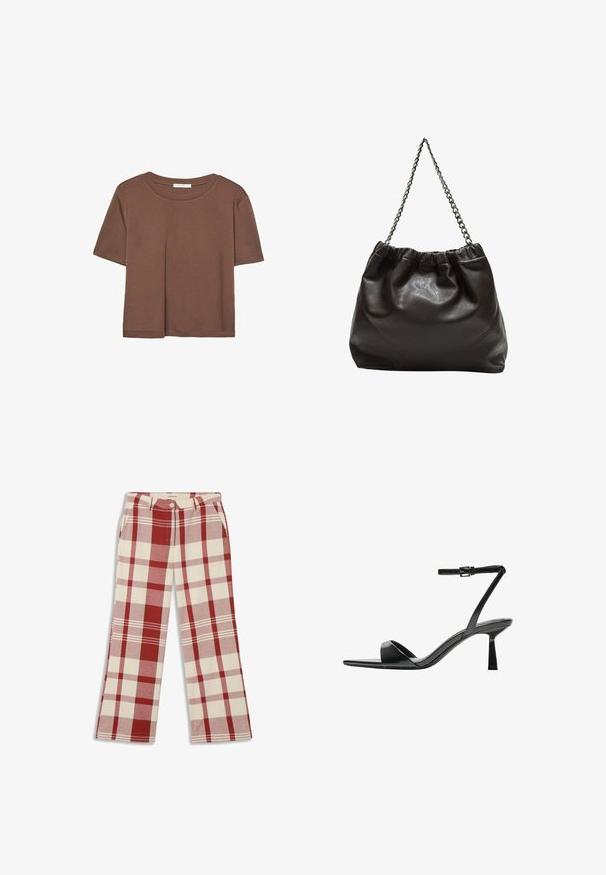 T-shirt marron à manches courtes en tissu doux, avec un col rond et une coupe décontractée. Aucun motif ni accent visible.; Thinking Mu HERMIONE - Pantalon classique - red; Bershka Sandales à talons hauts - black; Sac en cuir marron avec un haut froncé et une bandoulière en chaîne. Texture lisse avec une finition brillante et des coutures subtiles sur les côtés.