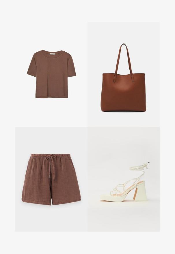 Brown short-sleeve t-shirt made of soft fabric, with a round neckline and relaxed fit. No visible patterns or accents.; Brown cotton shorts with a textured, crinkled finish, an elastic waistband, and a drawstring. Mid-thigh length with a relaxed fit.; White high-heeled sandal with a chunky heel, featuring a strappy design and ankle tie. Smooth texture with a platform front for added height.; Brown leather tote bag with a smooth texture, open top design, and two shoulder straps. Features minimal stitching and no visible hardware.