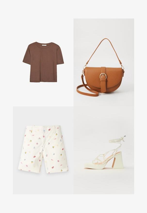 Braunes, kurzärmliges T-Shirt aus weichem Material mit rundem Halsausschnitt und lockerer Passform. Keine sichtbaren Muster oder Akzente.; Bequeme Baumwollshorts in Creme mit bunten, vielfältigen Druckmustern wie Früchten, Muscheln und Sonnensymbolen; klassisches, flaches Vorderdesign.; Weiße High-Heel-Sandale mit einem klobigen Absatz, die über ein Riemchendesign und ein Knöchelband verfügt. Glatte Textur mit einer Plattform vorne für zusätzliche Höhe.; Braune Leder-Crossbody-Tasche mit geschwungener Form, goldfarbenen Beschlägen und einer Schnallenakzentuierung. Verfügt über einen abnehmbaren Schultergurt.