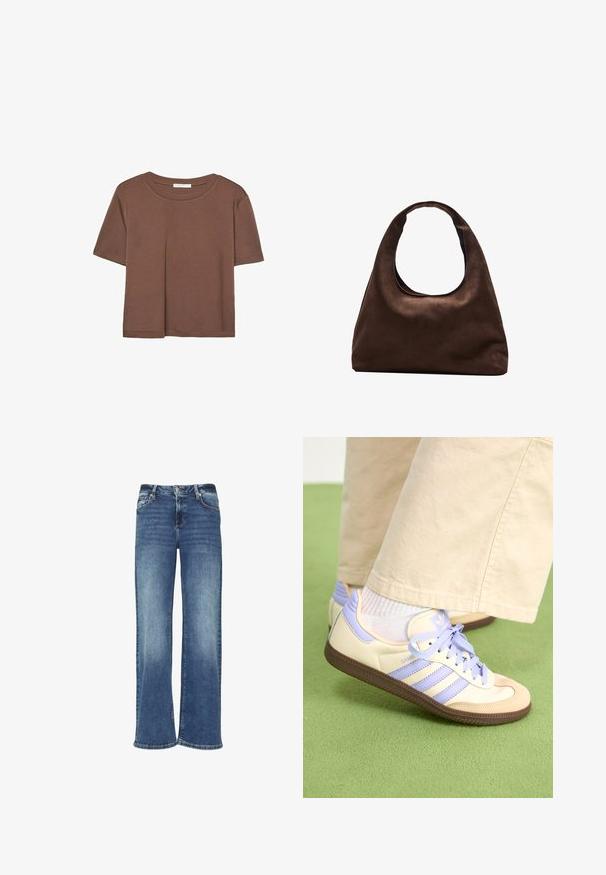 Kahvinsävyinen lyhythihainen t-paita, joka on valmistettu pehmeästä kankaasta. Pyöreä pääntie ja rento malli. Ei näkyviä kuvioita tai koristeita.; Laivansiniset leveälahkeiset farkut, joissa on haalistunut pesu, nappikiinnitys ja viisi taskua. Ominaisuuksina suora ja väljät istuvuus.; Kermasilta ja laventelilta näyttävät lenkkarit kolmella raidalla ja teksturoidulla ruskealla pohjalla, varustettuna nauhoilla ja pehmustetulla kantapäällä. Pehmeä kangaspinta.; Pehmeä ruskea hobo-tyylinen käsilaukku, jossa on yksi leveä olkahihna ja kaareva yläosan aukko, esitelty valkoista taustaa vasten.