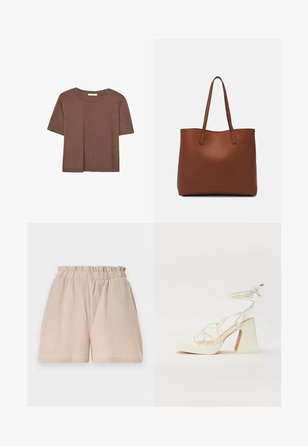 Rjava kratka majica s kratkimi rokavi iz mehkega materiala, s krožnim izrezom in ohlapnim krojem. Brez vidnih vzorcev ali dodatkov.; Svetlo bež kratke hlače z gubasto teksturo in elastičnim pasom. Oblikovanje je ohlapno in brez dodatnih podrobnosti ali vzorcev.; Bela sandala na visokih petah s debelim petam, ki ima obliko trakcev in vezanje okoli gležnja. Gladka tekstura z platformo spredaj za dodatno višino.; Rjava usnjena torba z gladko teksturo, odprto zasnovo zgoraj in dvema naramnima trakovoma. Opremljena je z minimalnim šivanjem in brez vidnih kovinskih delov.