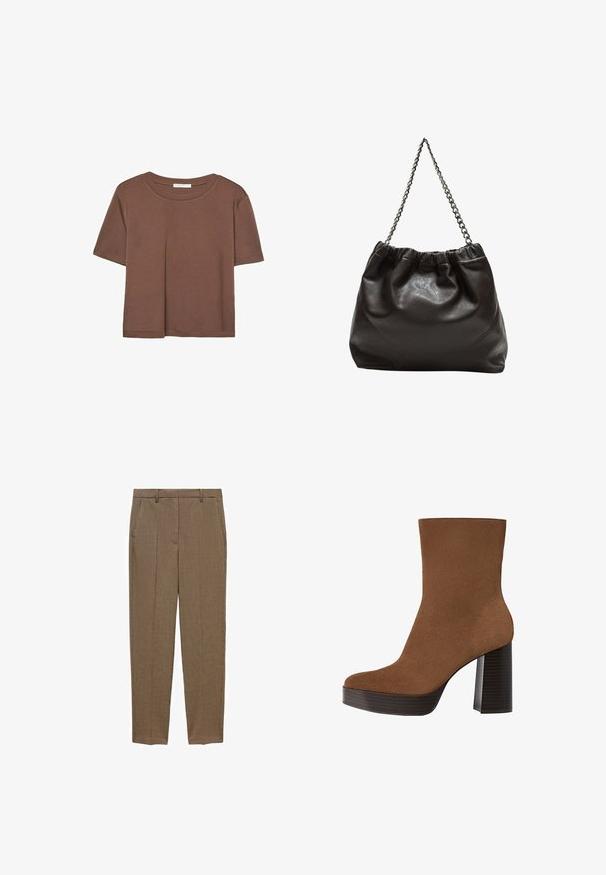 Hnědé tričko s krátkým rukávem vyrobené z měkké látky, s kulatým výstřihem a volným střihem. Bez viditelných vzorů nebo dekorací.; Hnědé kostkované kalhoty s přiléhavým střihem, s plochým předním dílem, bočními kapsami a hladkou texturou. Klasický design pro všestranné styling.; Hnědé semišové kotníkové boty s kulatou špičkou, robustním černým pruhovaným podpatkem a hladkým povrchem. Mají přiléhavý design bez viditelného kování.; Hnědá kožená taška se sbíraným vrškem a řetízkovým popruhem. Hladký povrch s lesklým finišem a jemným švem na bocích.