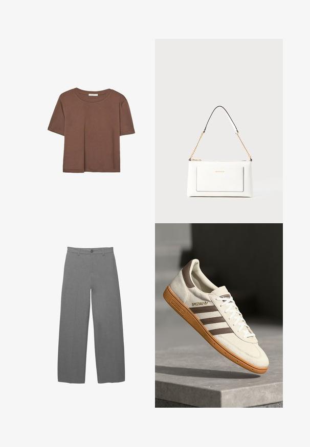 Braunes, kurzärmliges T-Shirt aus weichem Material mit rundem Halsausschnitt und lockerer Passform. Keine sichtbaren Muster oder Akzente.; Graue weit geschnittene Hose aus einem strukturierten Stoff, mit Knopfverschluss und Taillenbund, in gerader Passform.; Weiße Wildleder-Sneaker mit braunen Lederakzenten, drei braunen Streifen und weißen Schnürsenkeln. Verfügt über eine strukturierte Gummisohle und ein goldenes "SPEZIAL"-Logo.; Weißes Lederhandtasche mit strukturierter Oberfläche, ausgestattet mit einem goldenen Kettenriemen und schwarzen Akzenten. Enthält eine Fronttasche und einen Reißverschluss.