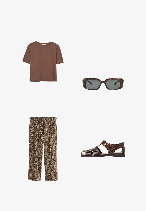 Brązowa koszulka z krótkim rękawem, wykonana z miękkiego materiału, z okrągłym dekoltem i luźnym krojem. Brak widocznych wzorów lub akcentów.; Spodnie cargo w deseń panterki wykonane z tkaniny o teksturowanym wykończeniu, z dwoma bocznymi kieszeniami i prostym krojem nogawki oraz detalem w pasie.; Brązowe skórzane sandały z wycięciami, regulowanym zapięciem po boku i płaską podeszwą, z metalowymi akcentami i otwartym noskiem.; Okulary przeciwsłoneczne w kratkę w kształcie prostokątnym, z grubymi oprawkami i ciemnymi szkłami. Gładka faktura i minimalistyczny design.