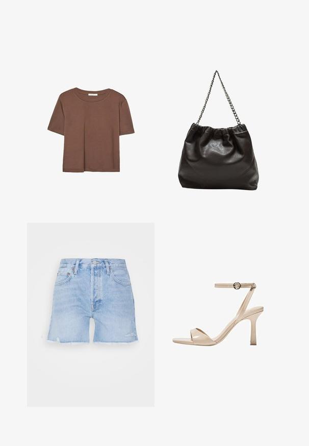 Hnedé tričko s krátkym rukávom vyrobené z jemného materiálu, s okrúhlym výstrihom a voľným strihom. Žiadne viditeľné vzory ani akcenty.; Džínové šortky vo svetlom modrom odtieni s rozstrapkanym leme. Majú klasický dizajn s piatimi vreckami, zapínanie na gombík a jemne poškodenú látku.; Nude lakované sandále na vysokom podpätku s tenkým remienkom okolo členka a obručovým prackom, otvorenou špičkou a štíhlym stiletto podpätkom.; Hnedá kožená taška so zberaným vrchom a reťazovým popruhom. Hladký povrch s lesklým finišom a jemným švom po stranách.