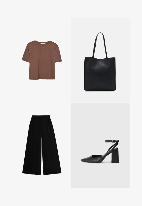 Maglietta a maniche corte marrone realizzata in tessuto morbido, con scollatura rotonda e vestibilità rilassata. Nessun motivo o dettaglio visibile.; Pantaloni neri a gamba larga con vita alta, realizzati in un tessuto morbido, caratterizzati da pieghe stirate per una struttura e una vestibilità sartoriale.; Pump in pelle nera con punta affusolata, cinturino alla caviglia e tacco spesso. Texture piatta, design elegante ed estetica minimalista.; Borsa tote in pelle nera con texture liscia, forma rettangolare e due manici lunghi. Nessun hardware o decorazione visibile.