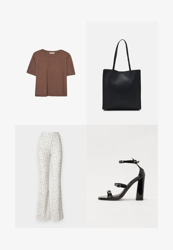 T-shirt marron à manches courtes en tissu doux, avec un col rond et une coupe décontractée. Aucun motif ni accent visible.; Pantalons blancs évasés avec des pois noirs. Texture côtelée, taille élastique et coupe ample au niveau des jambes. Coupe droite à l'ourlet.; Sandales à talons vernies noires avec un bout carré, des sangles autour de la cheville et des boucles en argent. Dotées d'un talon bloc épais pour plus de stabilité.; Sac fourre-tout en cuir noir avec une texture lisse, de forme rectangulaire et deux longues poignées. Pas de matériel ou d'ornementations visibles.