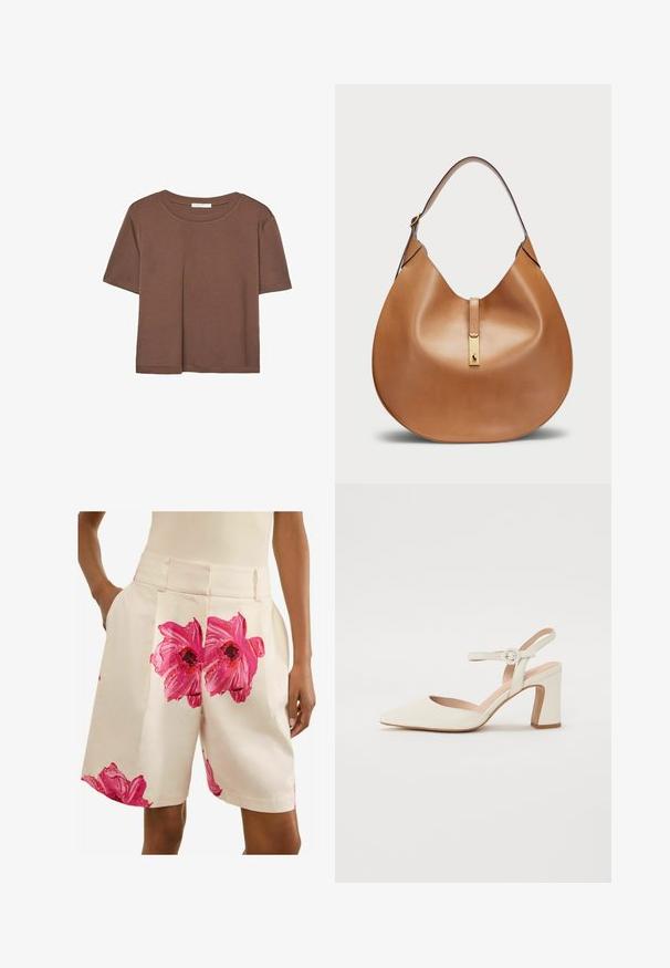 Brown short-sleeve t-shirt made of soft fabric, with a round neckline and relaxed fit. No visible patterns or accents.; Next PETITE - FLORAL TAILORED - Shorts - ecru pink; Pointed-toe, cream-colored pump with a block heel. Features a thin ankle strap with a round buckle and a smooth leather texture.; Tan leather handbag with a curved shape and a wide shoulder strap. Features a gold metal accent at the center and smooth texture.
