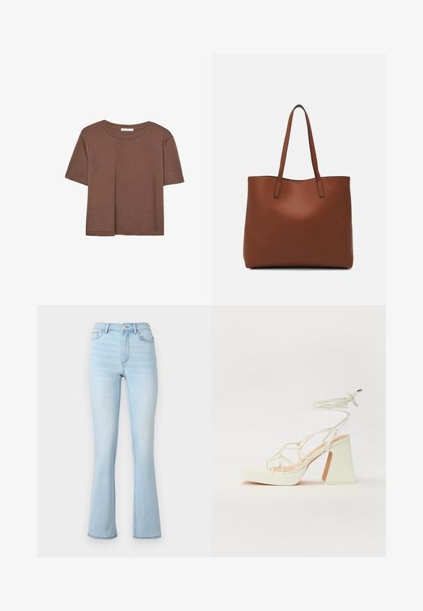 Braunes, kurzärmliges T-Shirt aus weichem Material mit rundem Halsausschnitt und lockerer Passform. Keine sichtbaren Muster oder Akzente.; Hellblaue, ausgestellte Jeans aus Denim mit hoher Taille, Fünf-Taschen-Design und subtiler Ausbleichung an den Beinen, vollendet mit gesteppten Säumen.; Weiße High-Heel-Sandale mit einem klobigen Absatz, die über ein Riemchendesign und ein Knöchelband verfügt. Glatte Textur mit einer Plattform vorne für zusätzliche Höhe.; Braune Leder-Tote mit glatter Textur, offenem Oberteil und zwei Schulterriemen. Verfügt über minimale Nähte und keine sichtbaren Beschläge.