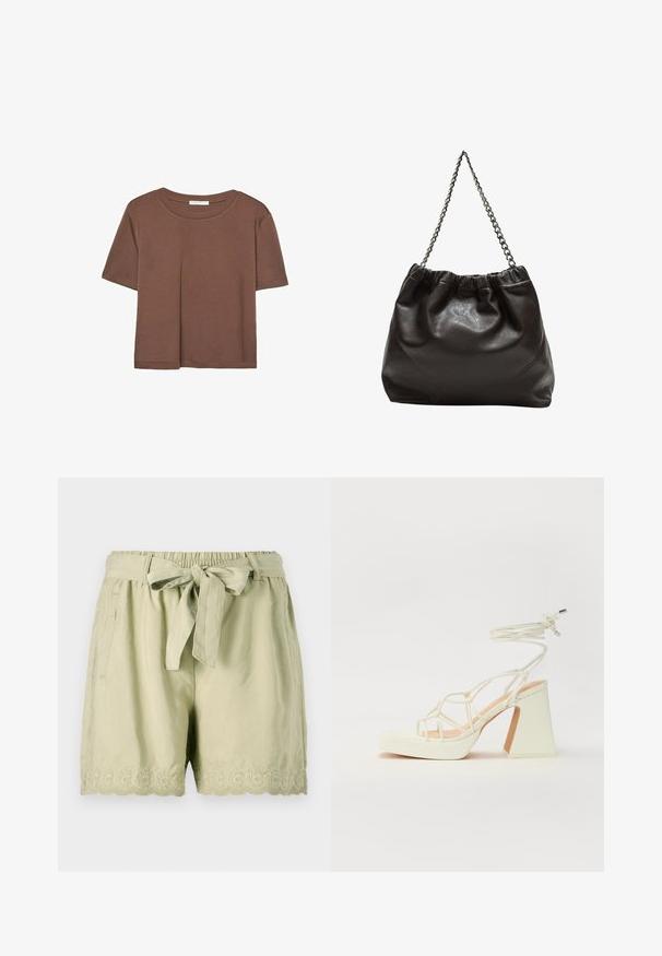 Smeđi kratki rukav majica od mekog materijala, s okruglim izrezom i opuštenim krojem. Nema vidljivih uzoraka ili naglasaka.; Svijetlozeleni šortsevi od mekog materijala, sa elastičnom waist užicom, vezanom trakom, bočnim džepovima i složenim izvezenim oštricom na rubu.; Bijela sandala na visokoj potpetici s debelim petom, s remenom i vezanjem oko gležnja. Glatka tekstura s platformom sprijeda za dodatnu visinu.; Smeđa kožna torba s naboranim vrhom i lančićem za nošenje. Glatka tekstura s sjajnim završetkom i suptilnim šavnim detaljima sa strane.