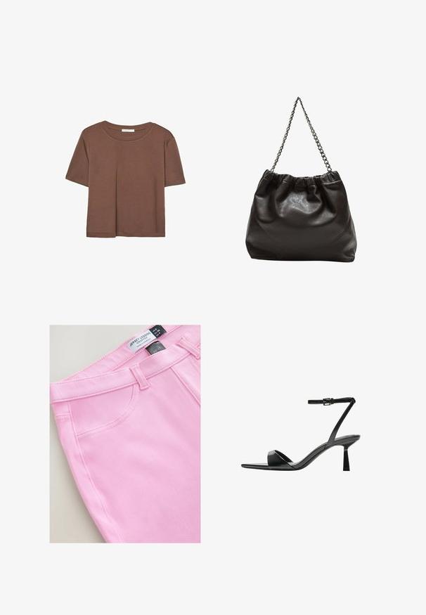Smeđi kratki rukav majica od mekog materijala, s okruglim izrezom i opuštenim krojem. Nema vidljivih uzoraka ili naglasaka.; Skraćene tajice od ružičastog dresa s glatkom teksturom, standardnim pojasom i bočnim džepovima. Etiketa označava veličinu i marku.; Bershka Sandale s visokom petom - black; Smeđa kožna torba s naboranim vrhom i lančićem za nošenje. Glatka tekstura s sjajnim završetkom i suptilnim šavnim detaljima sa strane.