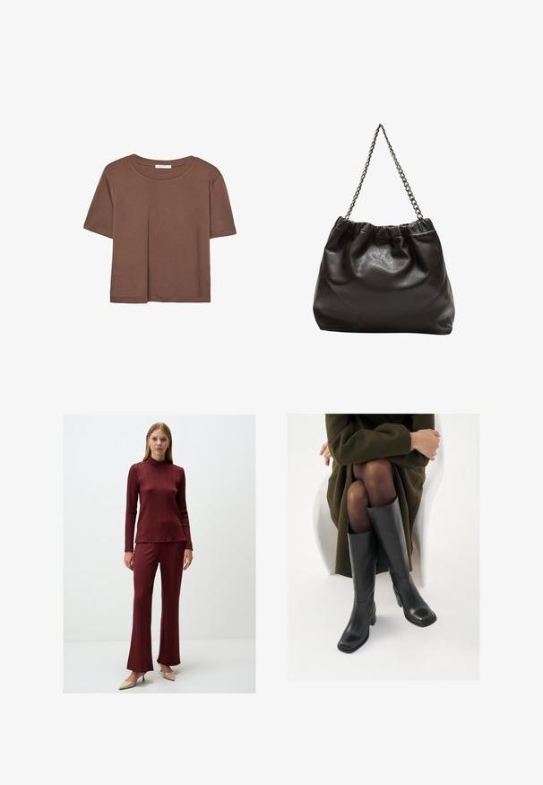 Brązowa koszulka z krótkim rękawem, wykonana z miękkiego materiału, z okrągłym dekoltem i luźnym krojem. Brak widocznych wzorów lub akcentów.; Burgundowy strój z prążkowanej dzianiny z wysokim dekoltem i detalami w postaci guzików, zestawiony z dopasowanymi spodniami w kształcie dzwonów; gładka tekstura i dopasowany krój.; Kozaki skórzane do kolan w kolorze czarnym, z kwadratowym noskiem i słupkowym obcasem, pokazane na modelce siedzącej w oliwkowej zielonej kurtce. Gładka tekstura, minimalne detale.; Brązowa skórzana torba z marszczonym szczytem i łańcuszkowym paskiem. Gładka tekstura z błyszczącym wykończeniem i subtelnymi detalami szwów po bokach.