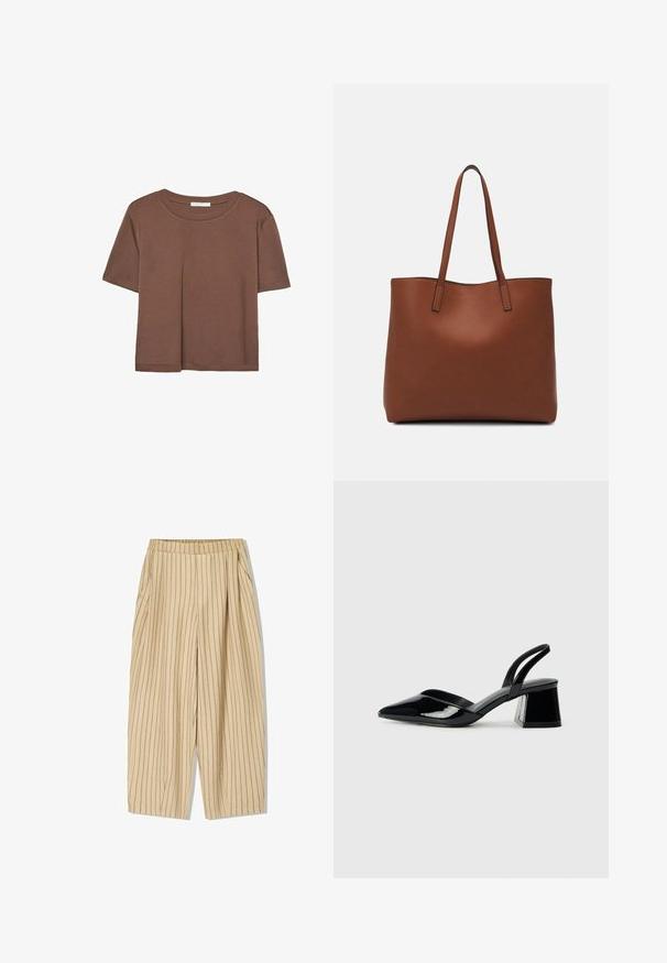 Smeđi kratki rukav majica od mekog materijala, s okruglim izrezom i opuštenim krojem. Nema vidljivih uzoraka ili naglasaka.; Bež prugaste hlače s elastičnom gumom u struku, imaju dva bočna džepa, širok kroj i okomite crne prugice kao ukras.; Crne lakirane kožne sandale s otvorenom petom i špicastim vrhom, s geometrijskom blok petom. Imaju elegantan, minimalistički dizajn i glatku teksturu.; Smeđa kožna torba preko ramena s glatkom teksturom, otvorenim vrhom i dvjema naramenicama. Ima minimalne šavove i nema vidljivog hardvera.