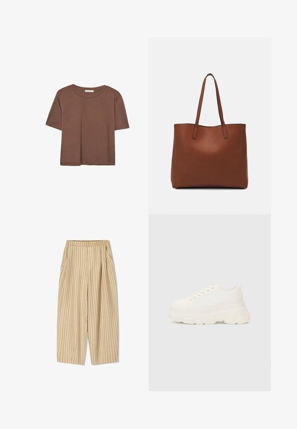 T-shirt marron à manches courtes en tissu doux, avec un col rond et une coupe décontractée. Aucun motif ni accent visible.; Pantalons rayés beige avec une taille élastique, présentant deux poches latérales, une coupe ample et des rayures verticales noires pour le détail.; Baskets blanches en toile avec une semelle épaisse, bout arrondi et cinq œillets pour les lacets. Onglet arrière pour un enfilage facile. Texture lisse, design minimaliste.; Sac fourre-tout en cuir marron avec une texture lisse, design à ouverture supérieure et deux poignées pour le porter à l'épaule. Présente des coutures minimales et aucun matériel visible.