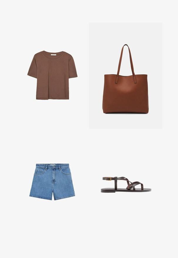 Brązowa koszulka z krótkim rękawem, wykonana z miękkiego materiału, z okrągłym dekoltem i luźnym krojem. Brak widocznych wzorów lub akcentów.; Jasnoniebieskie szorty dżinsowe z wysokim stanem, pięcioma kieszeniami i zapięciem na guziki. Prosty krój z czystym dołem.; Brązowe skórzane sandały z krzyżującymi się paskami, zapięciem na klamrę przy kostce oraz płaską podeszwą z minimalnymi detalami szycia.; Brązowa skórzana torba tote o gładkiej fakturze, z otwartym wierzchem i dwoma ramiączkami. Charakteryzuje się minimalnym przeszyciem i brakiem widocznych elementów metalowych.