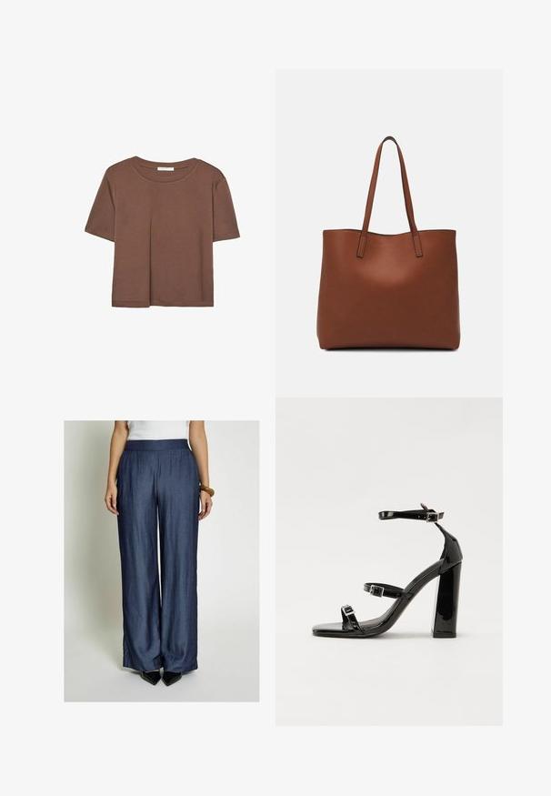 Smeđi kratki rukav majica od mekog materijala, s okruglim izrezom i opuštenim krojem. Nema vidljivih uzoraka ili naglasaka.; Široke plave hlače od laganog materijala, s glatkom teksturom i elastičnim pojasom, u kombinaciji s crnim cipelama na špic.; Crne lakirane sandale na pete sa kvadratnim nosom, trakama oko gležnja i srebrnim kopčama. Imaju čvrst blok petu za stabilnost.; Smeđa kožna torba preko ramena s glatkom teksturom, otvorenim vrhom i dvjema naramenicama. Ima minimalne šavove i nema vidljivog hardvera.