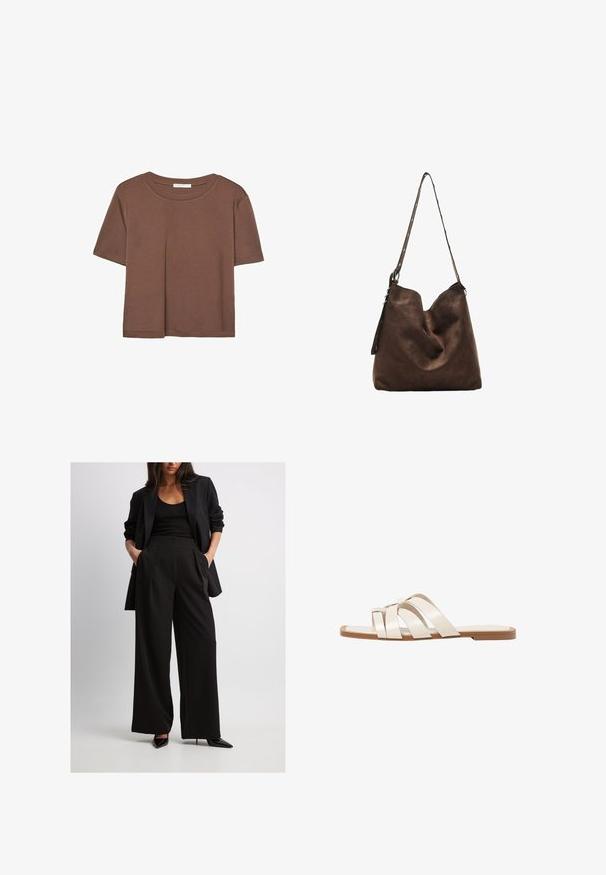 T-shirt marron à manches courtes en tissu doux, avec un col rond et une coupe décontractée. Aucun motif ni accent visible.; Blazer noir ajusté associé à un pantalon large noir, avec des plis et des poches latérales. Modèle portant des talons aiguilles noirs.; Sandales plates avec une semelle en caoutchouc beige, conçues avec trois brides en cuir blanc se chevauchant et un petit nœud au centre.; Sac hobo en suède marron avec un haut courbé, une longue bandoulière avec des accents de points, et une texture douce. Présente un design décontracté pour une utilisation informelle.