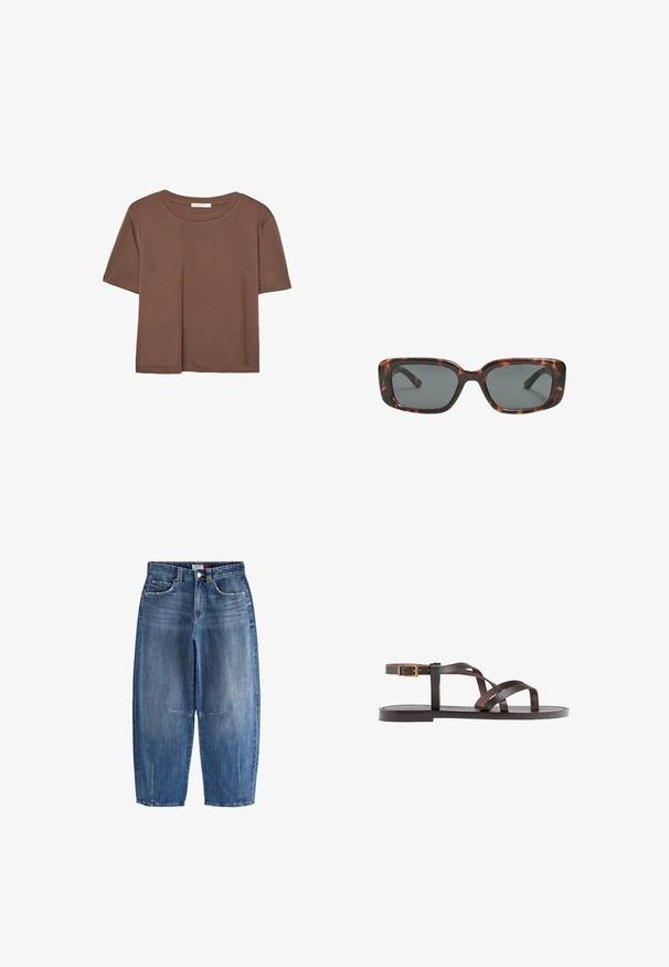 Rjava kratka majica s kratkimi rokavi iz mehkega materiala, s krožnim izrezom in ohlapnim krojem. Brez vidnih vzorcev ali dodatkov.; Denim jeans v srednji modri barvi, z visokim pasom, skrajšano široko hlačnico, sprednjimi žepi in vidnim šivom.; Rjav usnjen sandal z načinom prečnega črta, zaklepom okoli gležnja in ravnim podplatom z minimalnimi šivi.; Sonce, ki je oblikovana v tortoščkovem vzorcu, ima pravokotne leče, debele okvirje in temne leče. Ima gladko teksturo in minimalističen dizajn.