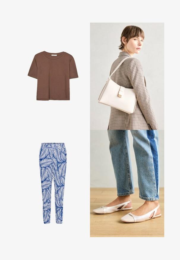 Brun kortärmad t-shirt i mjukt tyg, med rund halsringning och avslappnad passform. Inga synliga mönster eller detaljer.; Blå- och vitmönstrade byxor med ett bladdesign, elastiskt midjeband och insvängda muddar, tillverkade av lätt och andningsbart material.; Ljust rosa slingback-lägenheter med spetsig tå, tillverkade av ett slätt läderliknande material. Har utskurna detaljer på sidorna och en platt häl.; Vit läderhandväska med en strukturerad design, med en magnetknäppning och en axelrem, visad mot en neutral bakgrund.