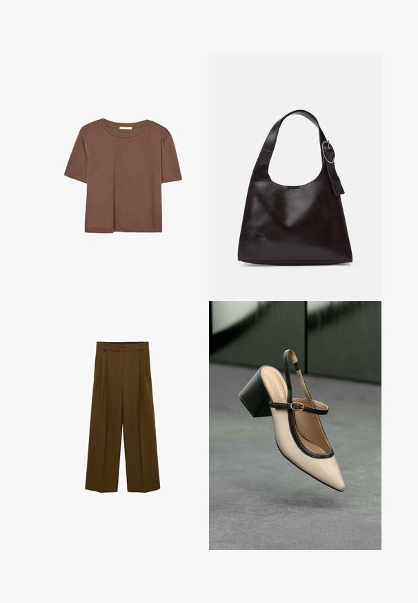 Brun kortärmad t-shirt i mjukt tyg, med rund halsringning och avslappnad passform. Inga synliga mönster eller detaljer.; Vidje-byxor i olivgrön tyg, med framveck, hög midja och en slät yta, designade för en avslappnad passform.; Beige spetstoppad slingback-sko med svart kant, guldspänne och en kraftig blockklack på grått golv med mörkgrön bakgrund.; Brun läder axelväska med en slät yta, rund form, bred rem och cirkulär metallaccent på handtaget.