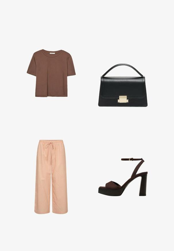 Maglietta a maniche corte marrone realizzata in tessuto morbido, con scollatura rotonda e vestibilità rilassata. Nessun motivo o dettaglio visibile.; Pantaloni a gamba larga in pesca chiaro con strisce verticali bianche. Presentano una cintura elastica con cordino. Realizzati in tessuto leggero.; Sandal in camoscio marrone con tacco alto, punta aperta, cinturino alla caviglia regolabile e suola a piattaforma striata.; Borsa a tracolla in pelle nera con design strutturato, manico superiore e dettaglio in metallo dorato sulla parte frontale. Texture liscia, cuciture minime.