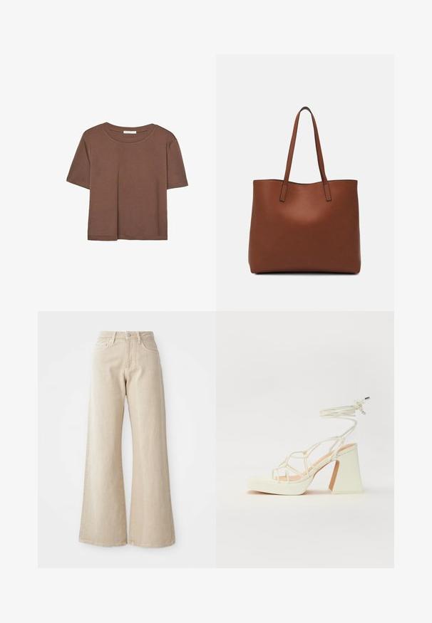 Smeđi kratki rukav majica od mekog materijala, s okruglim izrezom i opuštenim krojem. Nema vidljivih uzoraka ili naglasaka.; Bež traperice širokih nogavica izrađene od denima, s visokim strukom, prednjim džepovima i jednostavnim dizajnom bez uzoraka ili akcenta.; Bijela sandala na visokoj potpetici s debelim petom, s remenom i vezanjem oko gležnja. Glatka tekstura s platformom sprijeda za dodatnu visinu.; Smeđa kožna torba preko ramena s glatkom teksturom, otvorenim vrhom i dvjema naramenicama. Ima minimalne šavove i nema vidljivog hardvera.