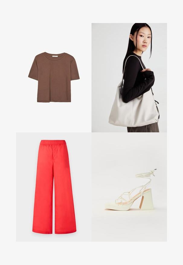 Hnedé tričko s krátkym rukávom vyrobené z jemného materiálu, s okrúhlym výstrihom a voľným strihom. Žiadne viditeľné vzory ani akcenty.; Červené široké nohavice s elastickým pásom, s hladkým povrchom a ľahkým materiálom. Bez vreciek alebo viditeľných zapínaní.; Biele sandále na vysokom opätku s hrubým podpätkom, s pruhovaným dizajnom a viazaním na členku. Hladký povrch s platformou vpredu pre zvýšenú výšku.; Béžová kabelka vyrobená z mäkkého materiálu, s uvoľneným dizajnom, prišitými detailmi a dvoma popruhmi na nosenie na pleciach. Vhodná na každodenné nosenie.